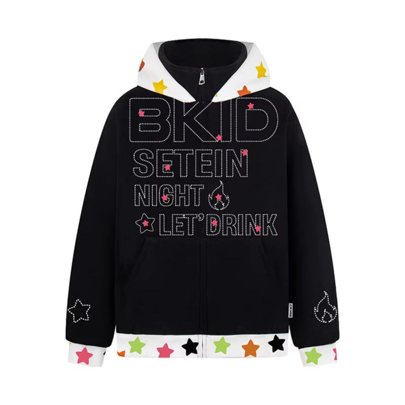 Patchwork Hooded Zip-Up Sweatshirt Loose Casual Outerwear Top