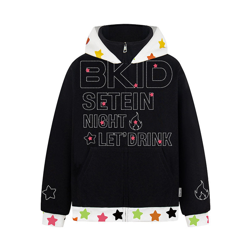 Patchwork Hooded Zip-Up Sweatshirt Loose Casual Outerwear Top