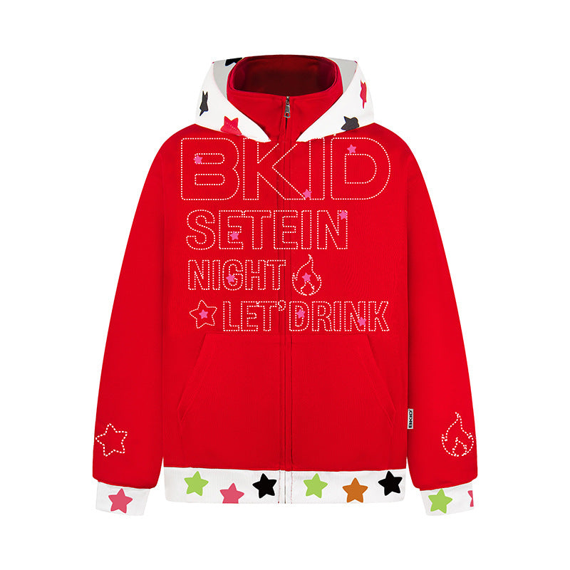 Patchwork Hooded Zip-Up Sweatshirt Loose Casual Outerwear Top